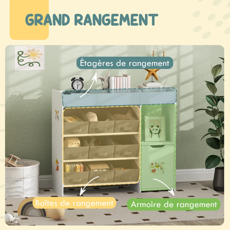 Meuble rangement enfant étagère 4 niveaux 92 x 30 x 80 cm 9 tiroirs placard espace ouvert sécurité moderne en MDF blanc 21_0000158