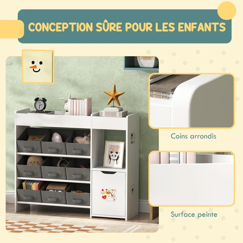 Meuble rangement enfant étagère 4 niveaux 92 x 30 x 80 cm 9 tiroirs placard espace ouvert sécurité moderne en MDF blanc 21_0000158