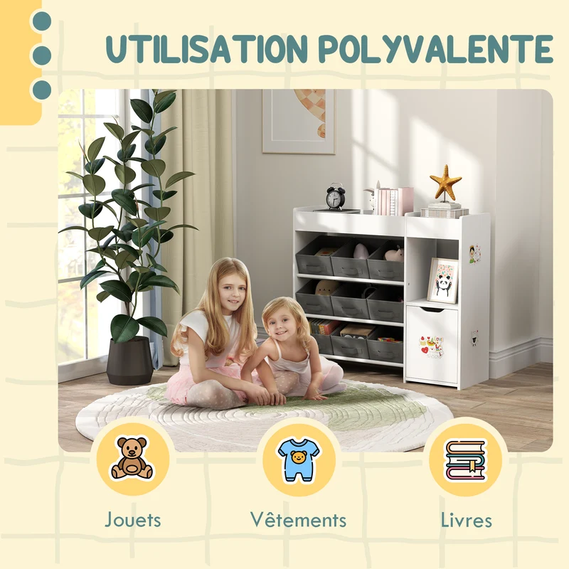 Meuble rangement enfant étagère 4 niveaux 92 x 30 x 80 cm 9 tiroirs placard espace ouvert sécurité moderne en MDF blanc 21_0000158
