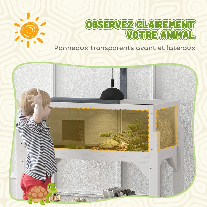 Maison pour tortue terrarium sur pieds 84,5 x 47,5 x 90 cm 2 compartiments support lampe style scandinave en bois gris 21_0007847
