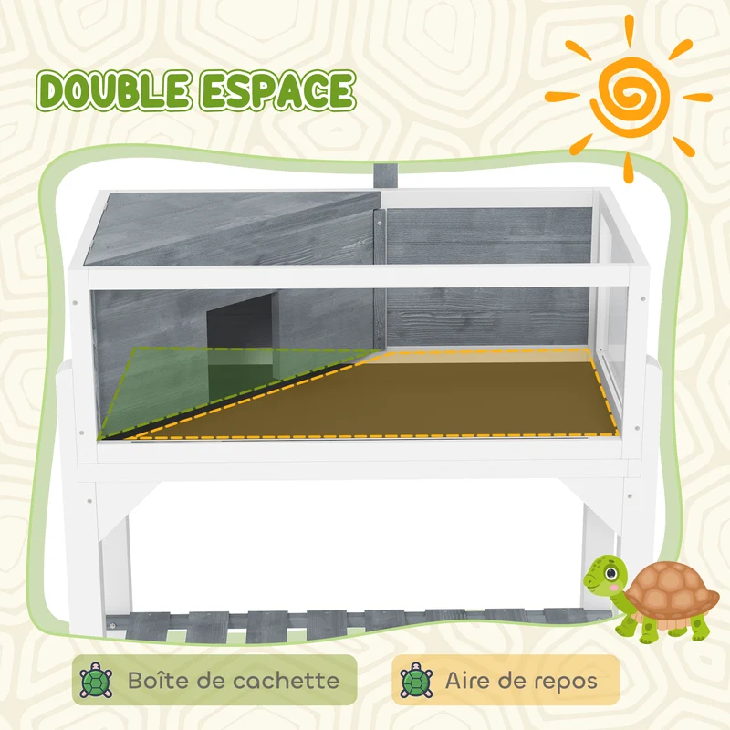 Maison pour tortue terrarium sur pieds 84,5 x 47,5 x 90 cm 2 compartiments support lampe style scandinave en bois gris 21_0007847