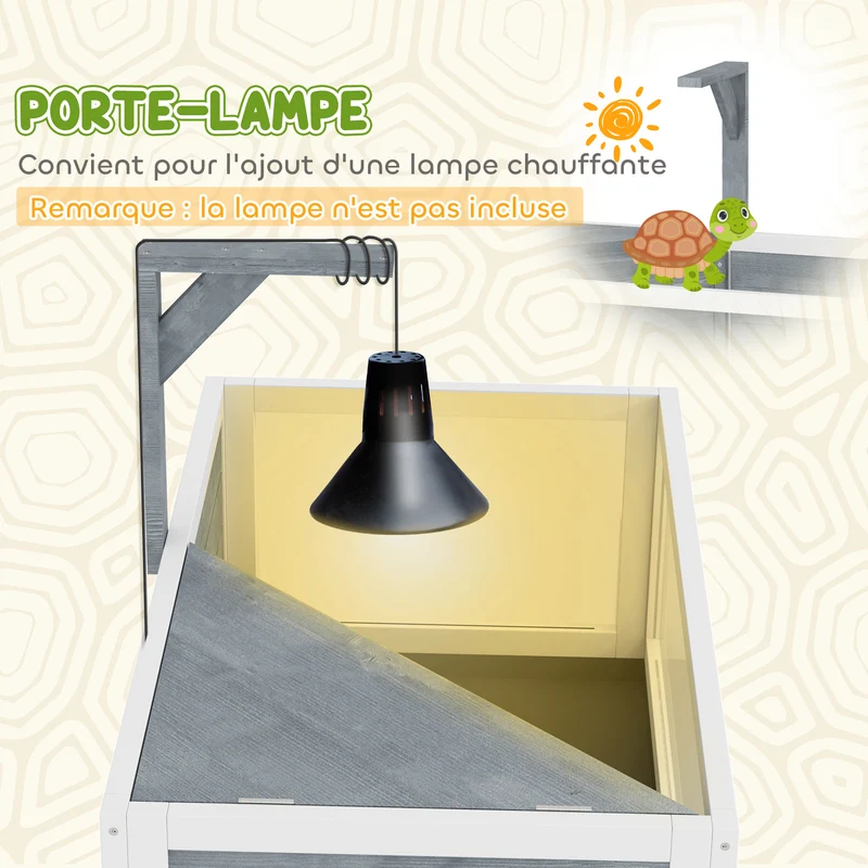 Maison pour tortue terrarium sur pieds 84,5 x 47,5 x 90 cm 2 compartiments support lampe style scandinave en bois gris 21_0007847