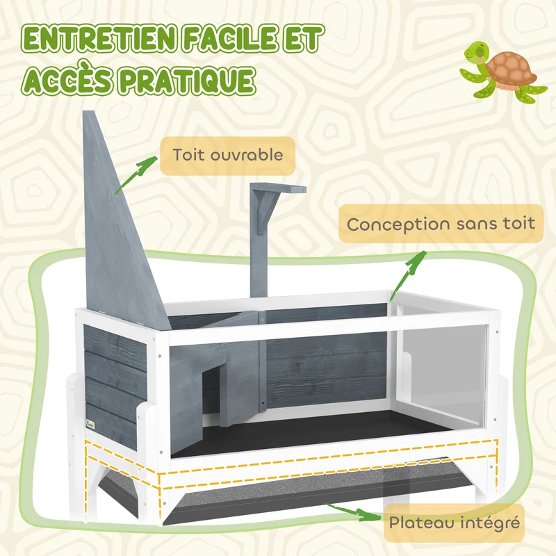 Maison pour tortue terrarium sur pieds 84,5 x 47,5 x 90 cm 2 compartiments support lampe style scandinave en bois gris 21_0007847