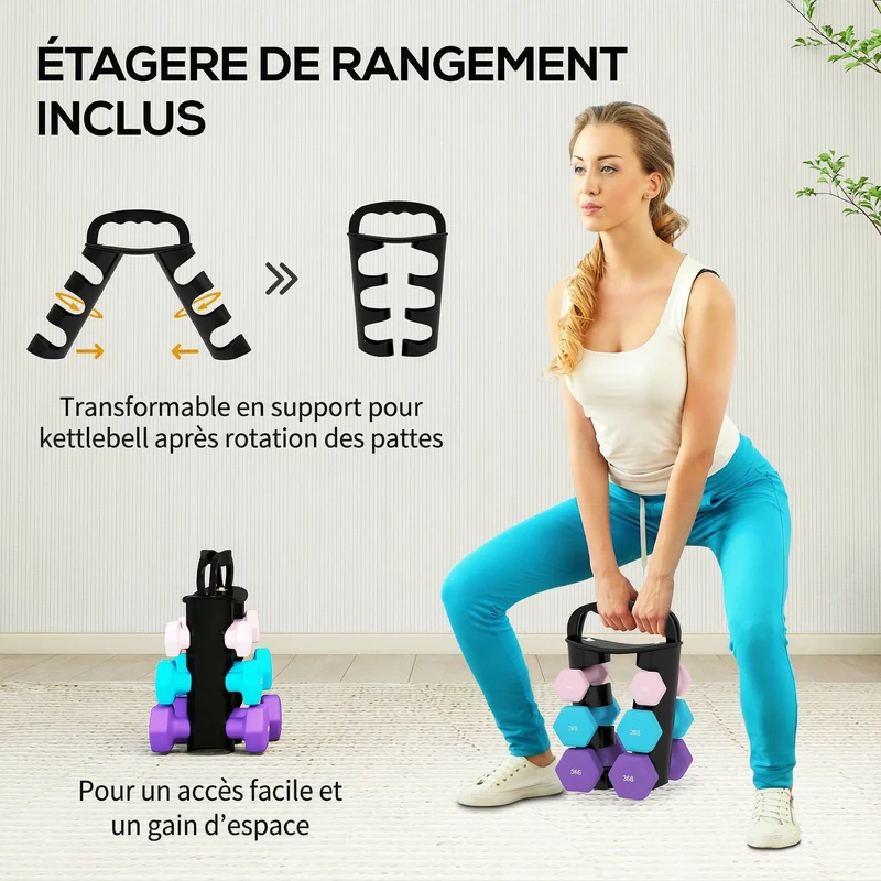 Lot de 6 haltères hexagonaux support 42 x 10 x 30 cm anti-roulement convertible en poids moderne épuré en plastique rose 21_0006858