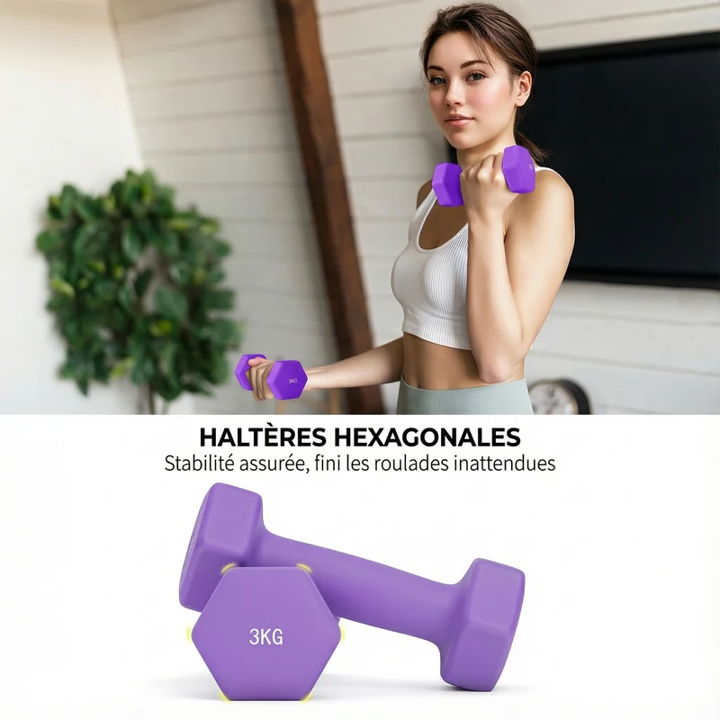 Lot de 6 haltères hexagonaux support 42 x 10 x 30 cm anti-roulement convertible en poids moderne épuré en plastique rose 21_0006858