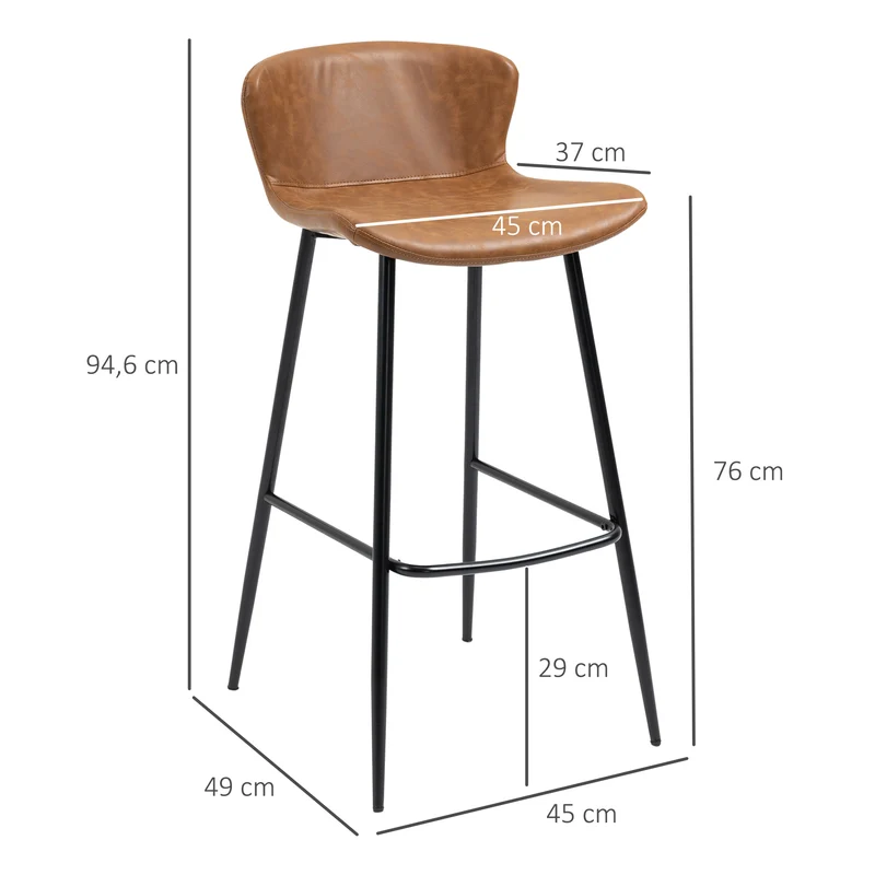 Lot de 2 tabourets de bar assise rembourrée 45 x 37 x 76 cm dossier bas confort repose-pieds style vintage en PU marron 21_0002359