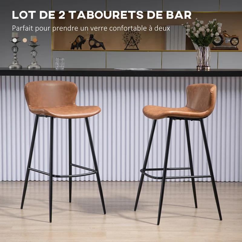 Lot de 2 tabourets de bar assise rembourrée 45 x 37 x 76 cm dossier bas confort repose-pieds style vintage en PU marron 21_0002359