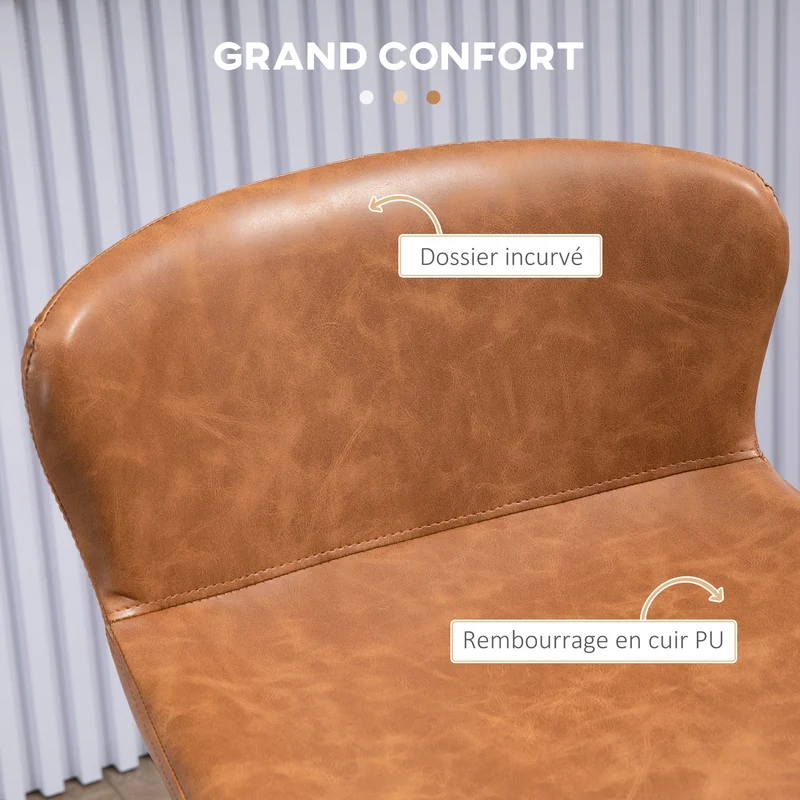 Lot de 2 tabourets de bar assise rembourrée 45 x 37 x 76 cm dossier bas confort repose-pieds style vintage en PU marron 21_0002359