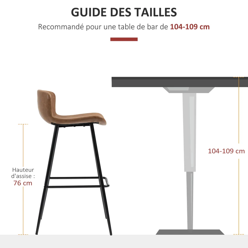Lot de 2 tabourets de bar assise rembourrée 45 x 37 x 76 cm dossier bas confort repose-pieds style vintage en PU marron 21_0002359