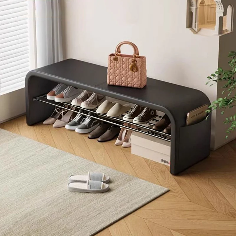 Contemporary Scandinavian PU Leather Metal Curved Square Shoe Bench 1 Tier For Living Room