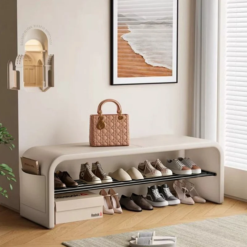 Contemporary Scandinavian PU Leather Metal Curved Square Shoe Bench 1 Tier For Living Room