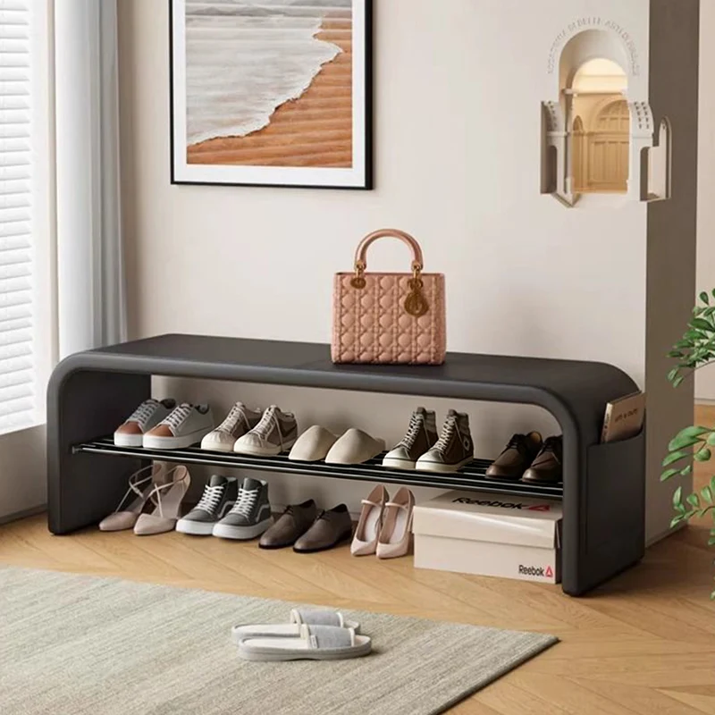 Contemporary Scandinavian PU Leather Metal Curved Square Shoe Bench 1 Tier For Living Room