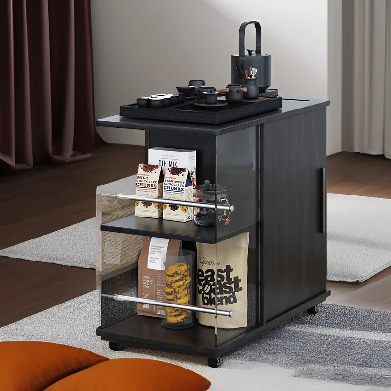 Traditional Vintage Solid Wood Multilayer Board Glass Stainless Steel Mobile Rectangular Coffee Table 3-Tier For Living Room