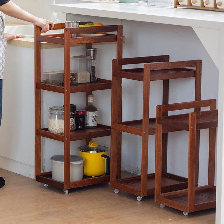 Traditional Vintage Solid Wood Plywood Rectangular Mobile Storage Shelf 2/3/4-Tier For Living Room