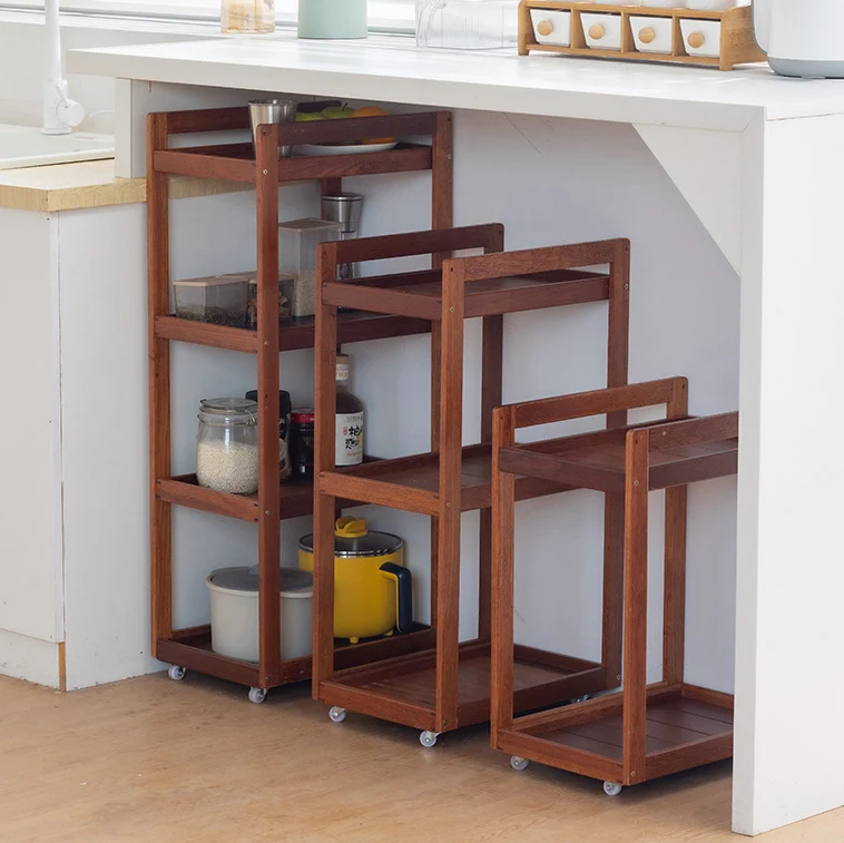 Traditional Vintage Solid Wood Plywood Rectangular Mobile Storage Shelf 2/3/4-Tier For Living Room