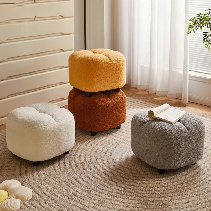 Contemporary Nordic Square Sherpa Fabric Sponge Wood Low Stool Backless Armless For Entryway & Hallway