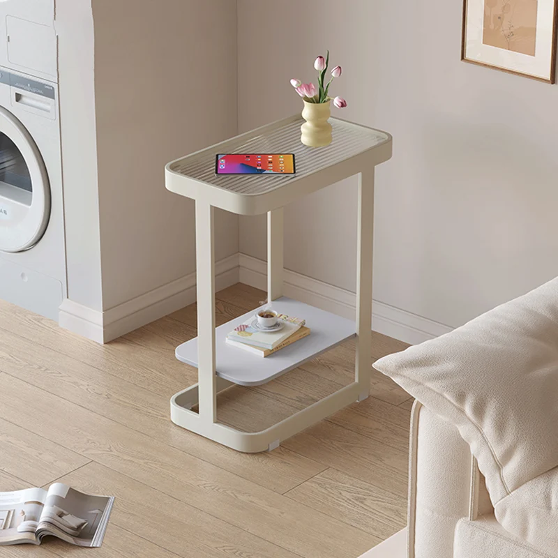 Contemporary Industrial Rectangular Carbon Steel Glass Rock Slab End Table 2 Tier For Living Room