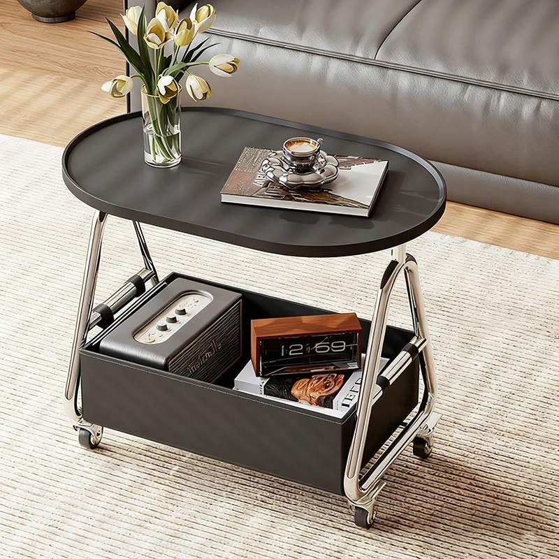 Contemporary Nordic Oval Eco-Friendly Vacuum-Formed Board Stainless Steel Cat Scratching Leather Movable End Table 1-Basket For Living Room