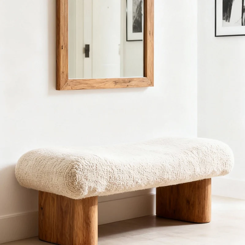 Contemporary Scandinavian Sherpa Fabric Pine Wood Curved Square Shoe Bench For Living Room