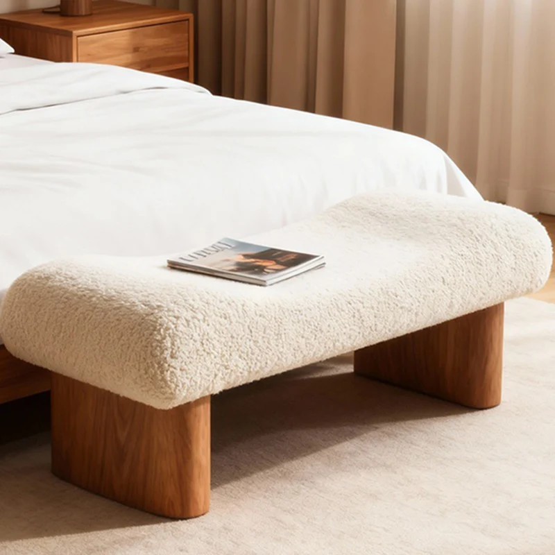 Contemporary Scandinavian Sherpa Fabric Pine Wood Curved Square Shoe Bench For Living Room