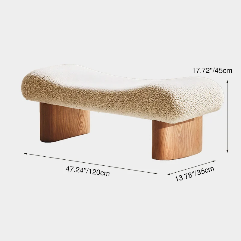 Contemporary Scandinavian Sherpa Fabric Pine Wood Curved Square Shoe Bench For Living Room