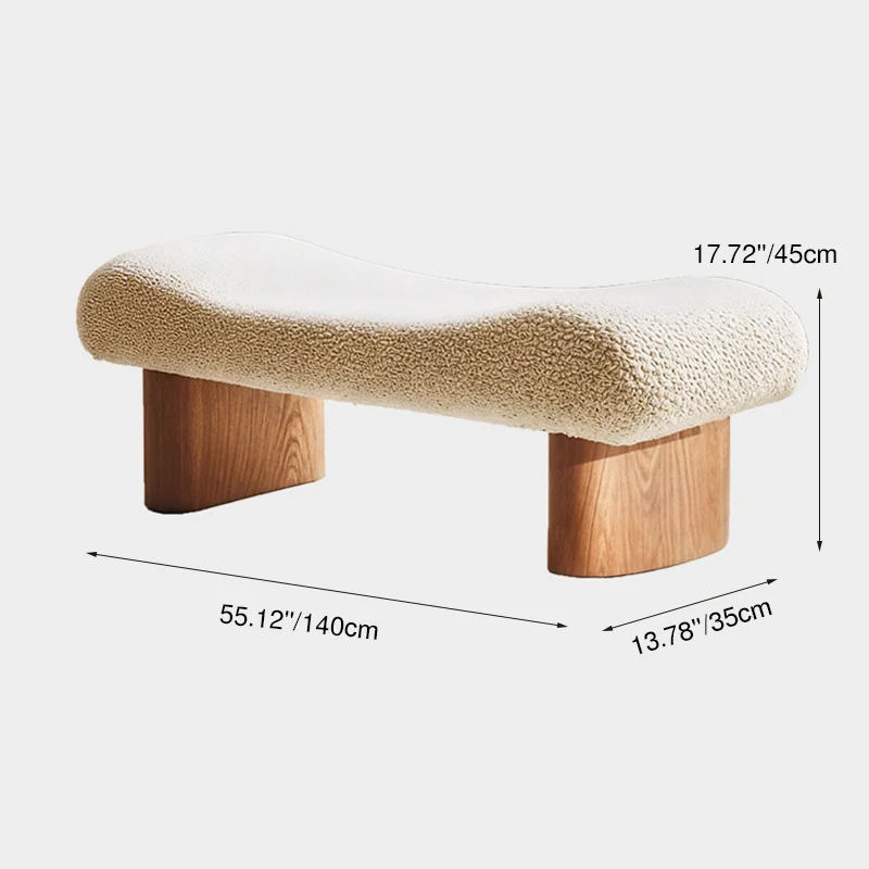 Contemporary Scandinavian Sherpa Fabric Pine Wood Curved Square Shoe Bench For Living Room