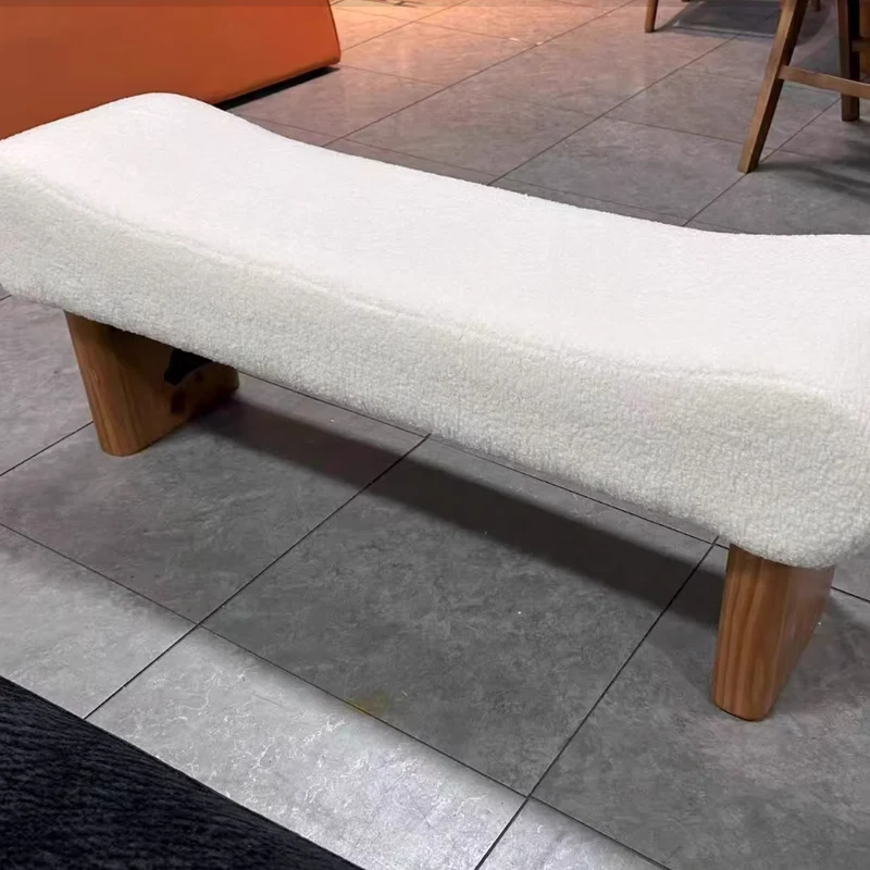 Contemporary Scandinavian Sherpa Fabric Pine Wood Curved Square Shoe Bench For Living Room