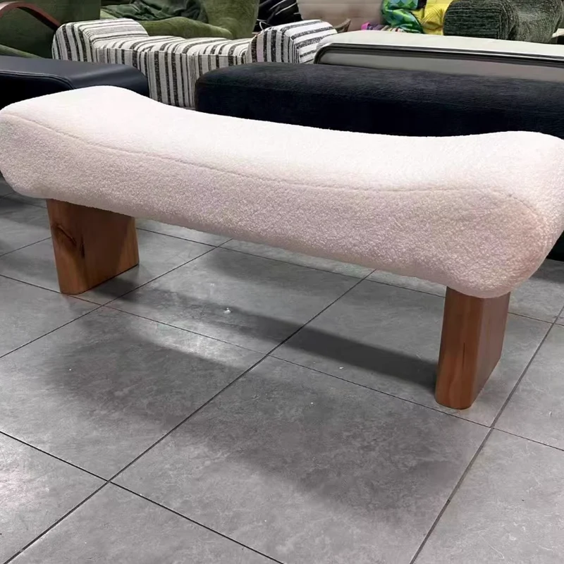 Contemporary Scandinavian Sherpa Fabric Pine Wood Curved Square Shoe Bench For Living Room