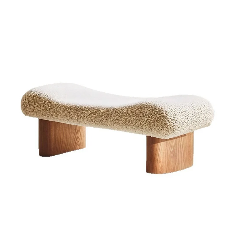 Contemporary Scandinavian Sherpa Fabric Pine Wood Curved Square Shoe Bench For Living Room