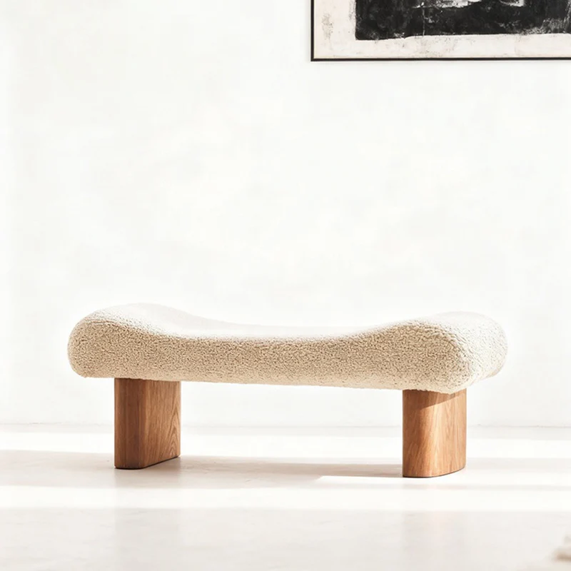 Contemporary Scandinavian Sherpa Fabric Pine Wood Curved Square Shoe Bench For Living Room