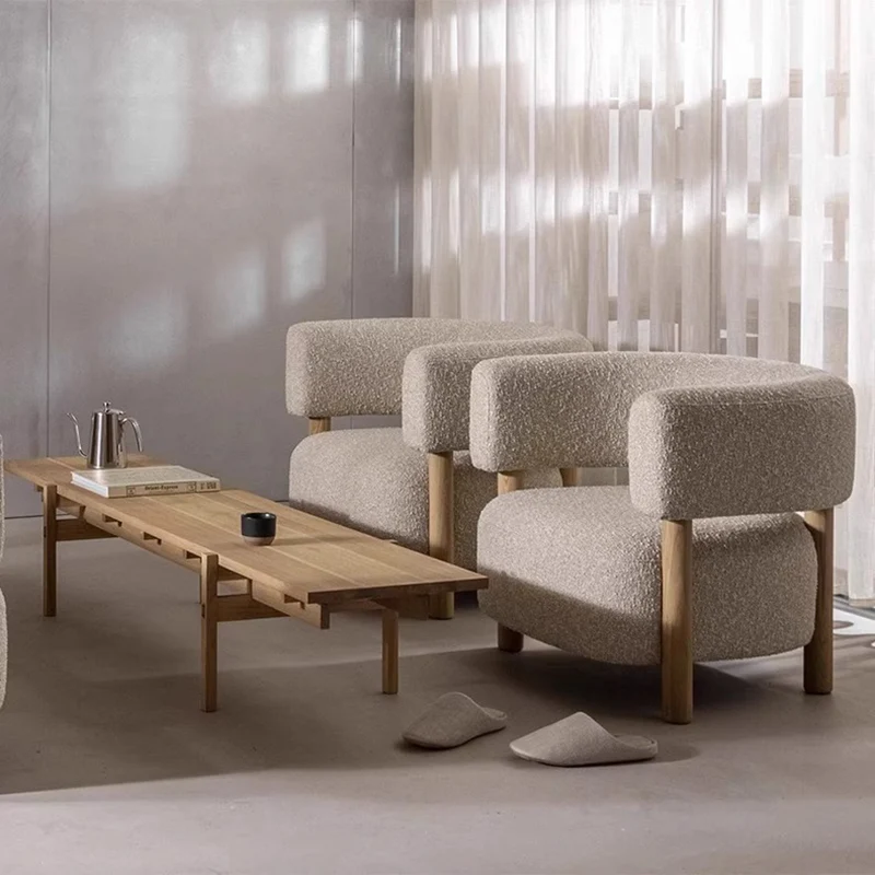 Contemporary Scandinavian Sherpa Fabric Ash Wood Curved Rounded Square Accent Chair With Armrests Backrest For Living Room