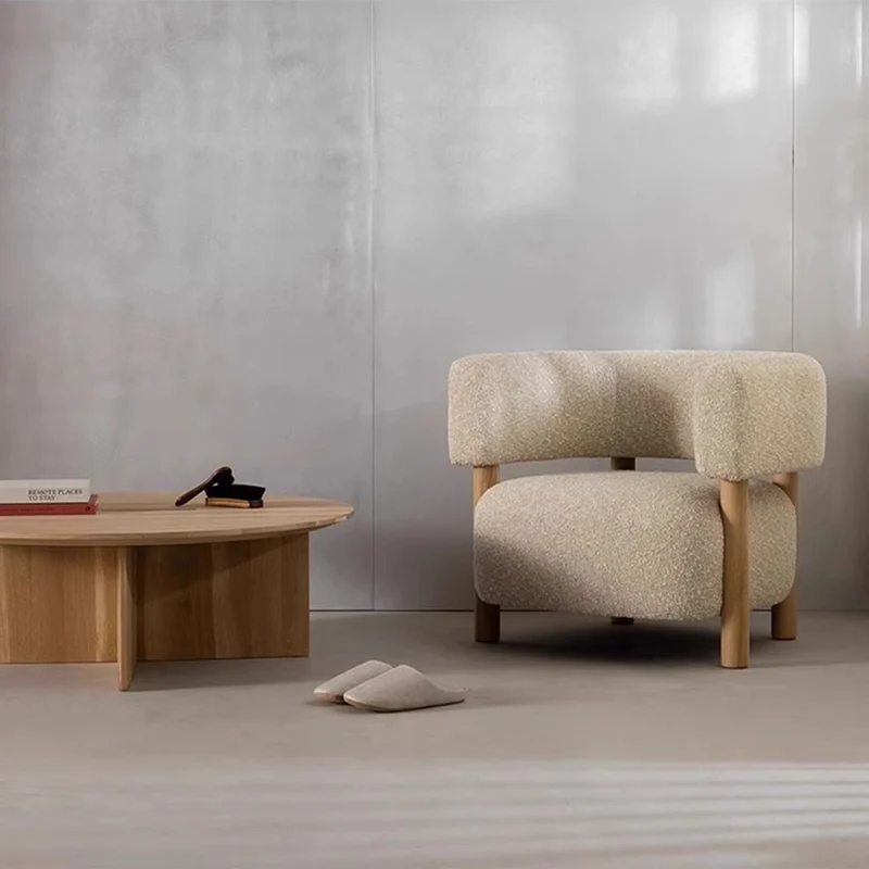 Contemporary Scandinavian Sherpa Fabric Ash Wood Curved Rounded Square Accent Chair With Armrests Backrest For Living Room
