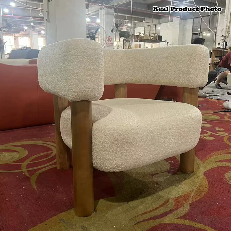 Contemporary Scandinavian Sherpa Fabric Ash Wood Curved Rounded Square Accent Chair With Armrests Backrest For Living Room