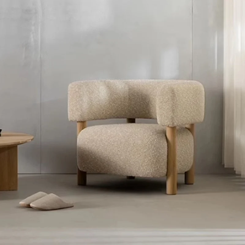 Contemporary Scandinavian Sherpa Fabric Ash Wood Curved Rounded Square Accent Chair With Armrests Backrest For Living Room