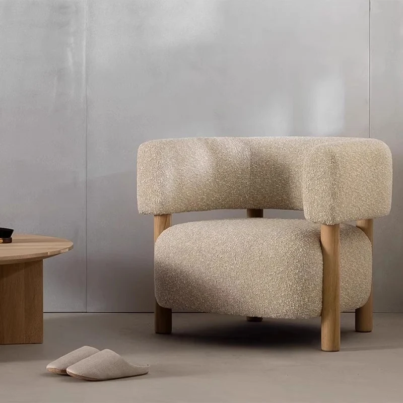 Contemporary Scandinavian Sherpa Fabric Ash Wood Curved Rounded Square Accent Chair With Armrests Backrest For Living Room