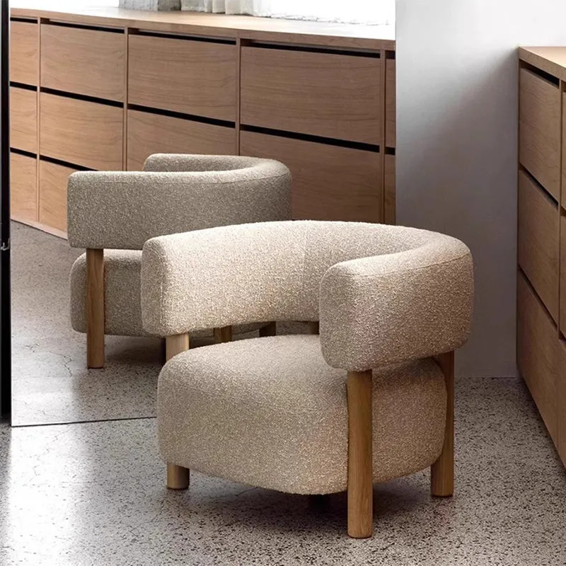 Contemporary Scandinavian Sherpa Fabric Ash Wood Curved Rounded Square Accent Chair With Armrests Backrest For Living Room
