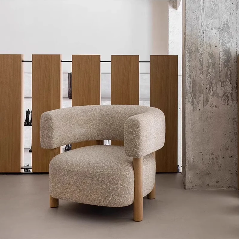 Contemporary Scandinavian Sherpa Fabric Ash Wood Curved Rounded Square Accent Chair With Armrests Backrest For Living Room