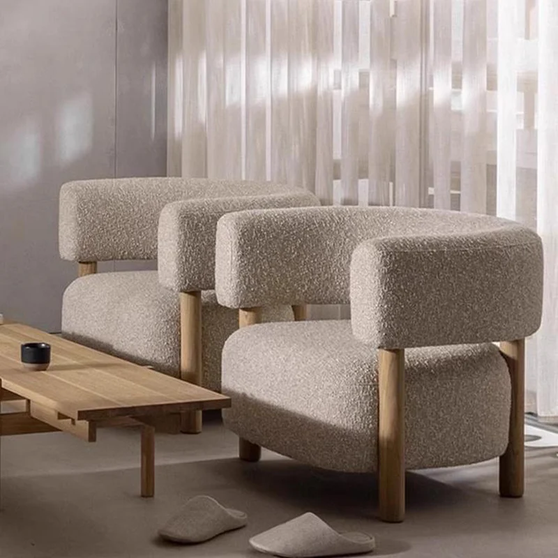 Contemporary Scandinavian Sherpa Fabric Ash Wood Curved Rounded Square Accent Chair With Armrests Backrest For Living Room