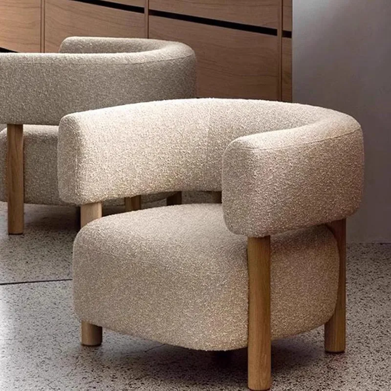 Contemporary Scandinavian Sherpa Fabric Ash Wood Curved Rounded Square Accent Chair With Armrests Backrest For Living Room