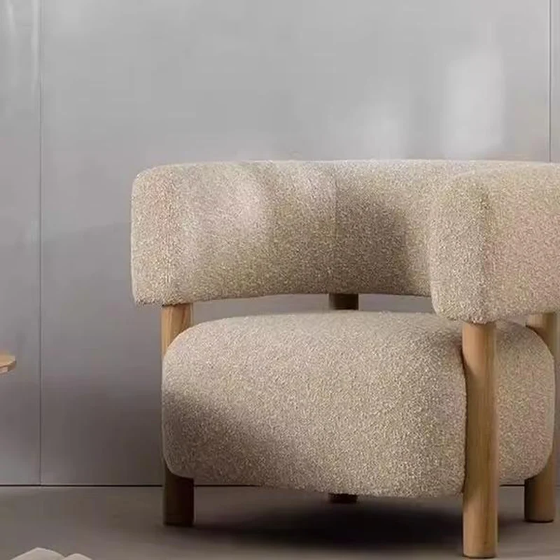 Contemporary Scandinavian Sherpa Fabric Ash Wood Curved Rounded Square Accent Chair With Armrests Backrest For Living Room