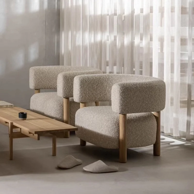 Contemporary Scandinavian Sherpa Fabric Ash Wood Curved Rounded Square Accent Chair With Armrests Backrest For Living Room