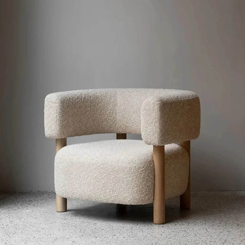 Contemporary Scandinavian Sherpa Fabric Ash Wood Curved Rounded Square Accent Chair With Armrests Backrest For Living Room