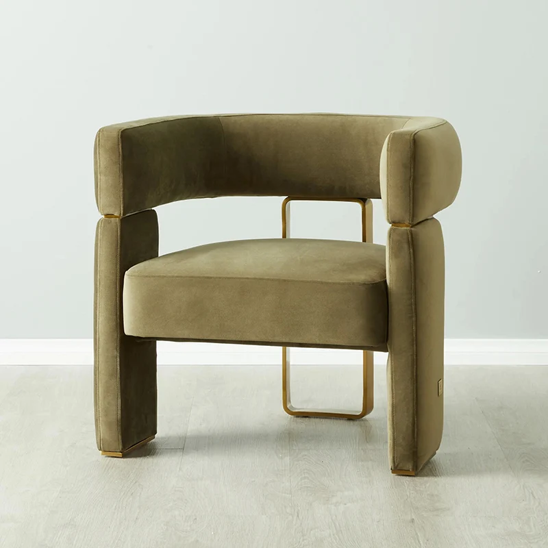 Contemporary Scandinavian Velvet Metal Plywood Curved Rectangular Accent Chair With Armrests Backrest For Living Room