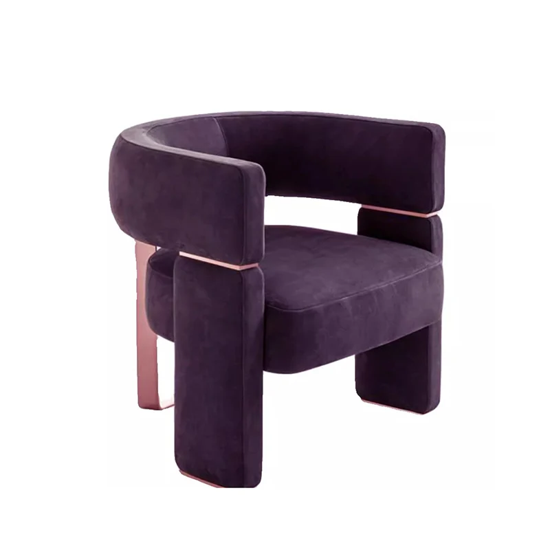 Contemporary Scandinavian Velvet Metal Plywood Curved Rectangular Accent Chair With Armrests Backrest For Living Room