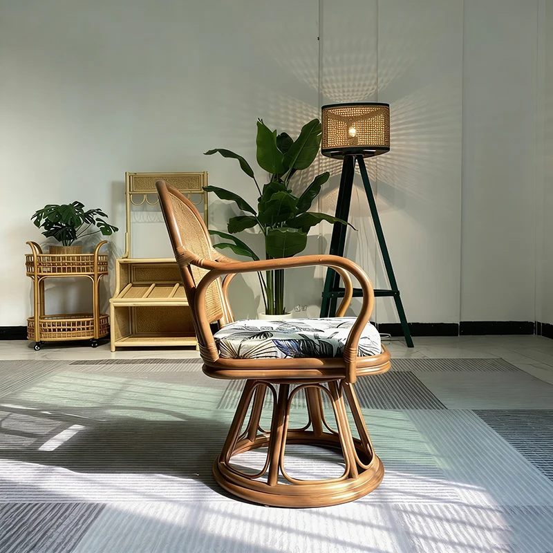 Traditional Chinese Indonesian Rattan Fabric Round Curved Accent Chair With Armrests Backrest For Living Room