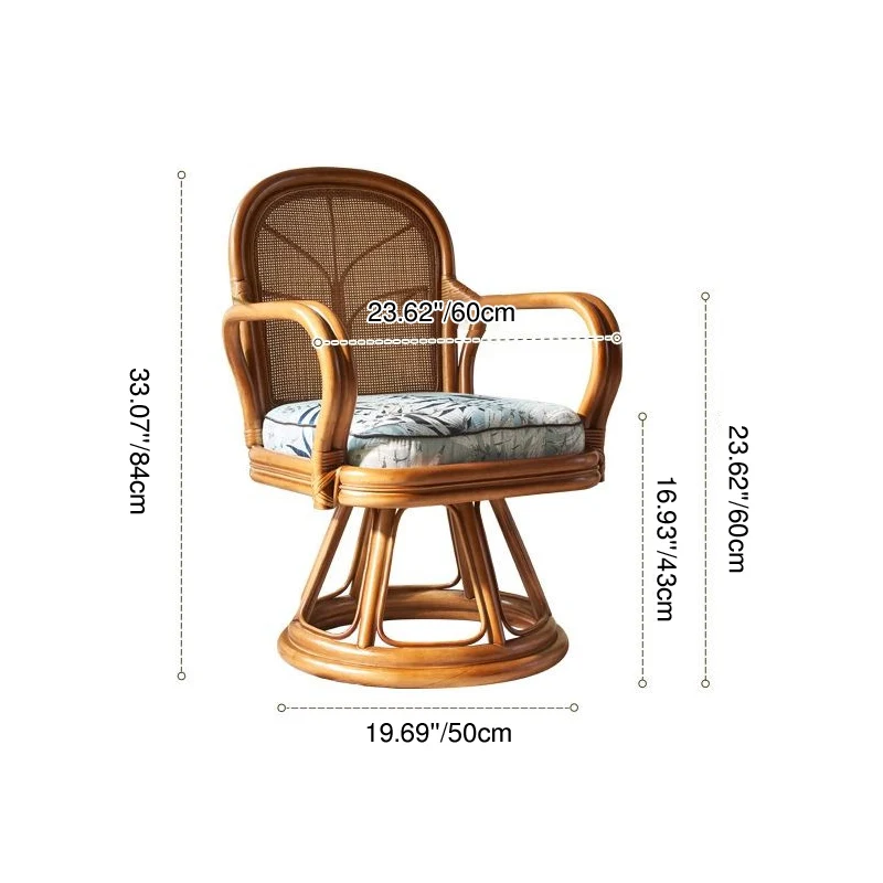 Traditional Chinese Indonesian Rattan Fabric Round Curved Accent Chair With Armrests Backrest For Living Room