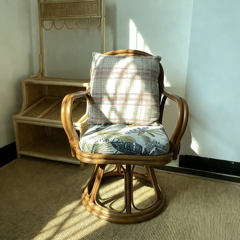 Traditional Chinese Indonesian Rattan Fabric Round Curved Accent Chair With Armrests Backrest For Living Room