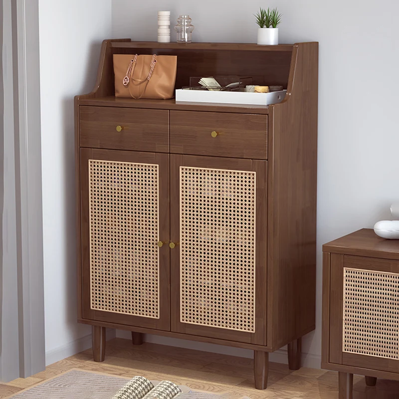 Traditional Chinese Rubberwood Rattan Rectangular Openwork Storage Cabinet With 2 Drawers For Living Room