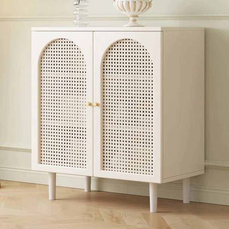 Traditional French Engineered Wood Glass Rattan Rectangular Cylindrical Storage Cabinet 2-Tier For Living Room