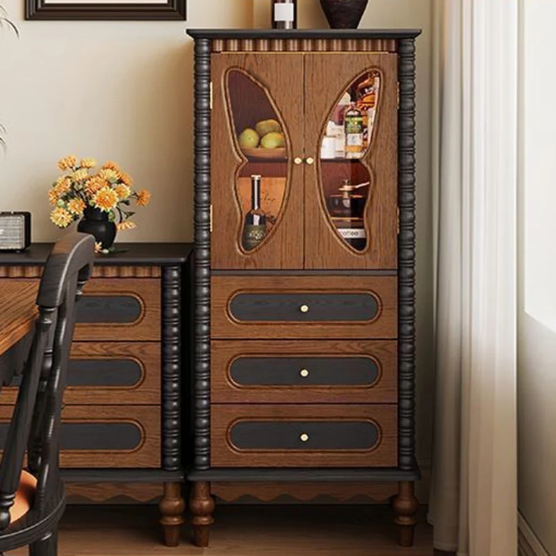 Traditional French Ash Wood Glass Butterfly Round Rectangular Storage Cabinet 2/3-Drawer For Living Room